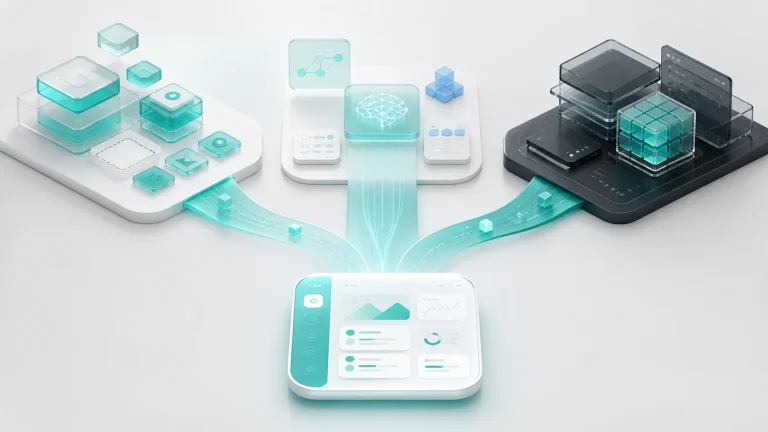 Minimal turquoise app development decision visual showing no-code blocks, AI assistance and custom code paths